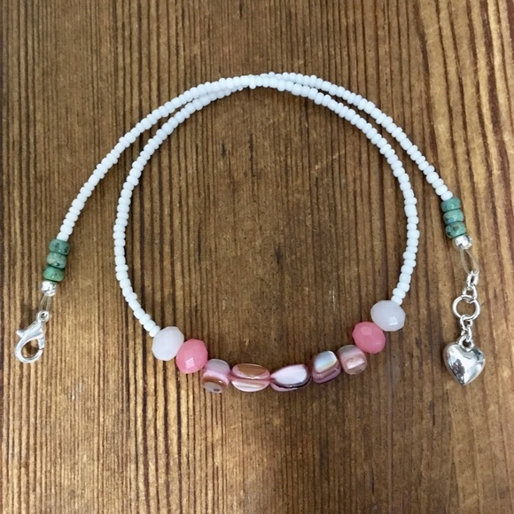 Pink and White Ladies Beaded Necklace,  Pink Shell Ladies Necklace,  Handmade - Picture 1 of 5
